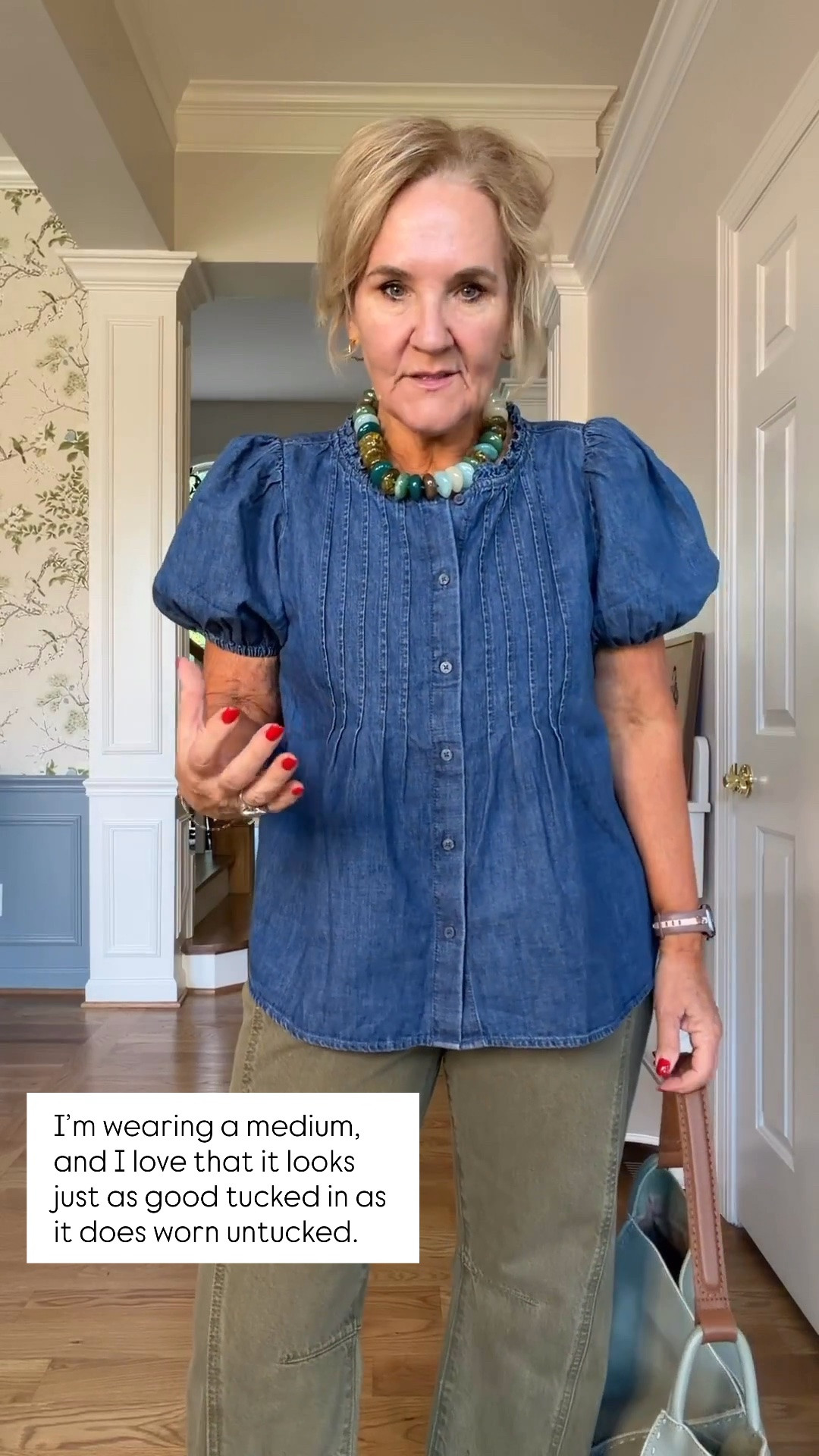 This lightweight denim blouse is such a great everyday top! It’s definitely denim not chambray with pretty pintucks and a lightweight feel. I’m wearing a medium, and I love that it looks just as good tucked in as it does worn untucked.

💡 LTK MADE EASY
❤️ Heart = Support my posts!
🔖 Save = Get sale & restock alerts
📋 Lists = Keep favorites organized
📲 Share = Send lists and products to a friend. Hello, Christmas List!
💬 Comment = Ask me anything about what I’m wearing.:-)

#LTKootd #LTKOver40 #LTKSeasonal