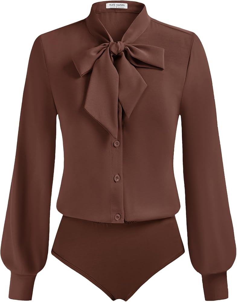 Kate Kasin Women Bow Tie Neck Office Blouse Button Down Long Sleeve Bodysuits Blouse Top | Amazon (US)