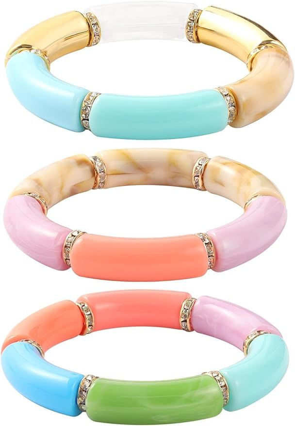 Bamboo Tube Bracelet Chunky Bangle Gold Stacking Bangles Acrylic Clear Stretchable Colorful Beads... | Amazon (US)