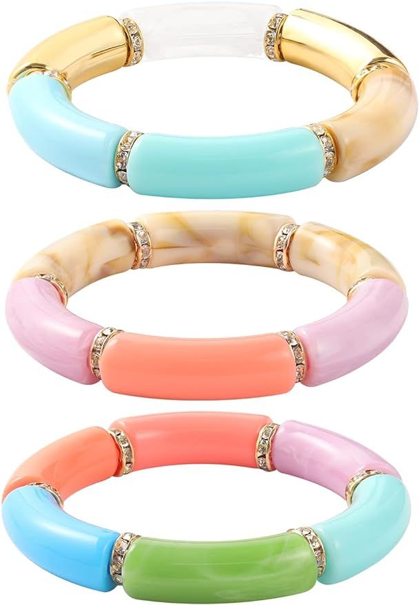 Bamboo Tube Bracelet Chunky Bangle Gold Stacking Bangles Acrylic Clear Stretchable Colorful Beads... | Amazon (US)