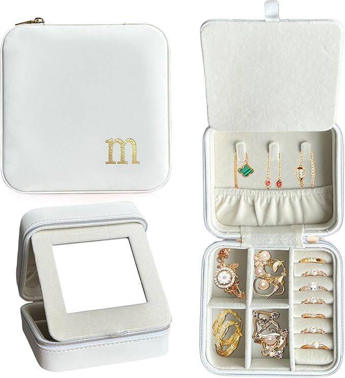 COLLECTIVE HOME - Travel Jewelry Case, Elegant Square Design with Gold Engraved Monogram, Built-i... | Amazon (US)