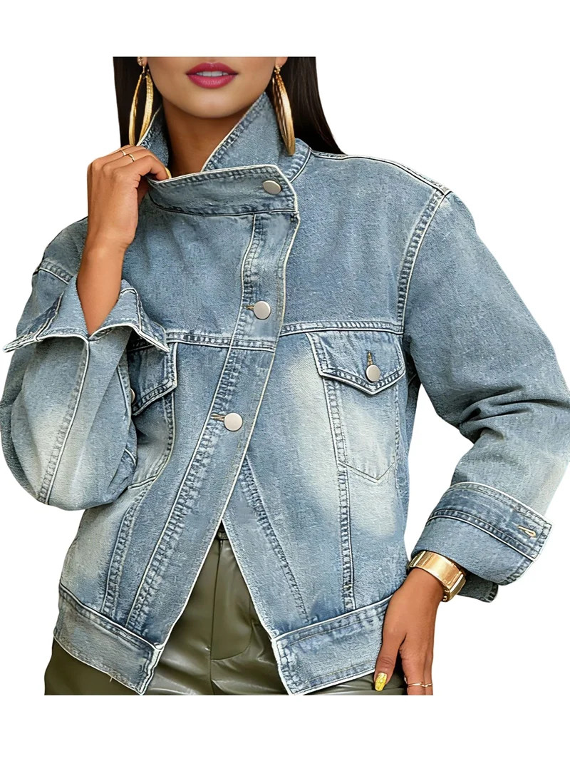 Women'S Classic Denim Jacket - Single Breasted, Full Sleeve, Patchwork Design for All Seasons Lig... | Walmart (US)