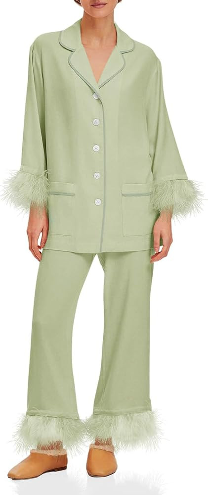 Tankaneo Womens Feather trim Pajama Sets Button Down Long Sleeve Tops Wide Leg Pants Pj Set Soft ... | Amazon (US)