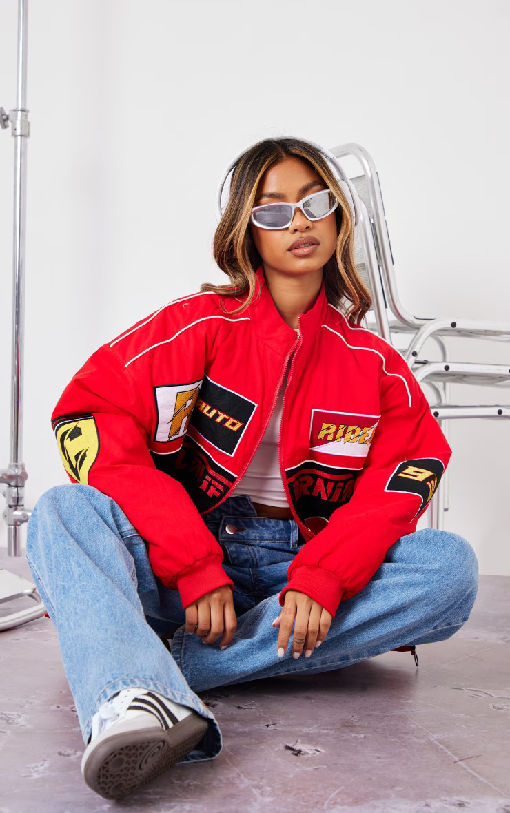 Red Racer Badge Oversized Peached Cotton Bomber Jacket | PrettyLittleThing UK