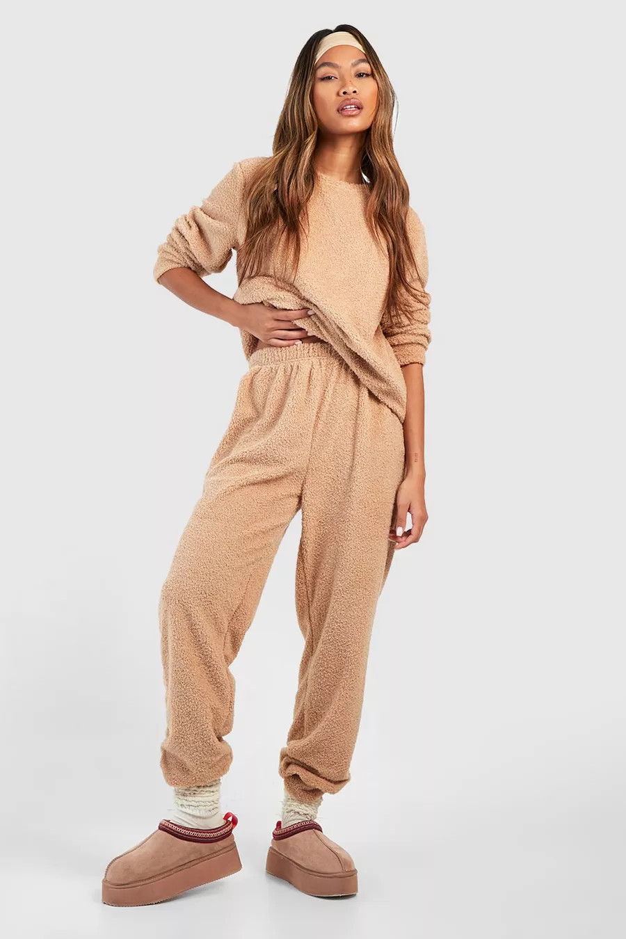 Hers Matching Teddy Long Sleeve Loungewear Jogger Set | boohoo (US & Canada)