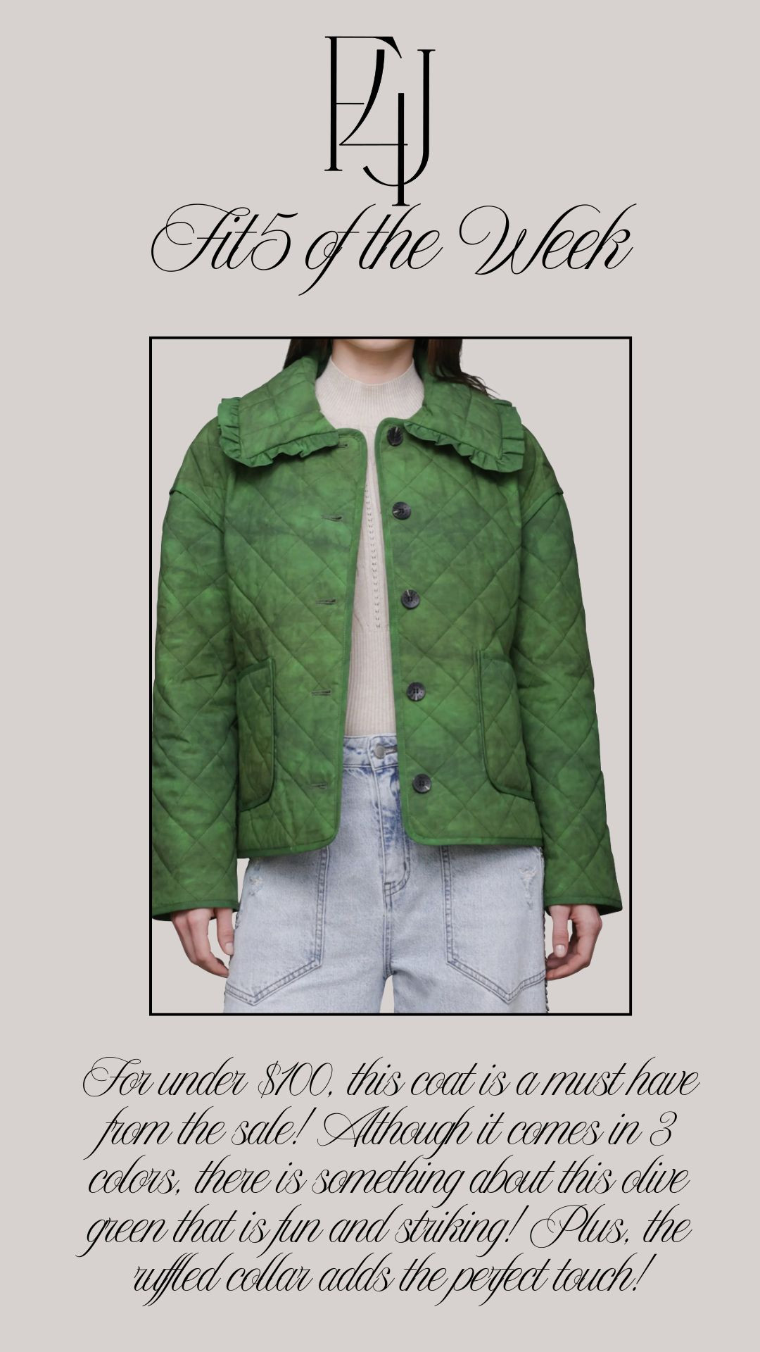 This jacket definitely needs a lot of air time! It's simply stunning, and this olive green color is fun, different, and striking. I am looking forward to taking it with me on my upcoming trip to Ireland. Plus, the ruffled collar is the perfect touch. Comes in 2 other colors!

Fit4Janine, Nordstrom Anniversary Sale, Under $100, Avec Les Filles, Quilted Jackets 

 #LTKSeasonal #LTKSaleAlert #LTKStyleTip