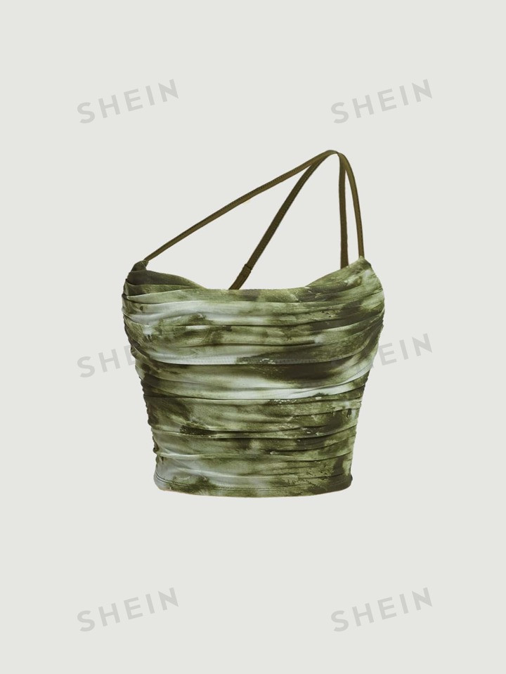 SHEIN MOD Green Retro Tie Dye One Shoulder Ruched Side Draped Detail Crop Top | SHEIN USA | SHEIN