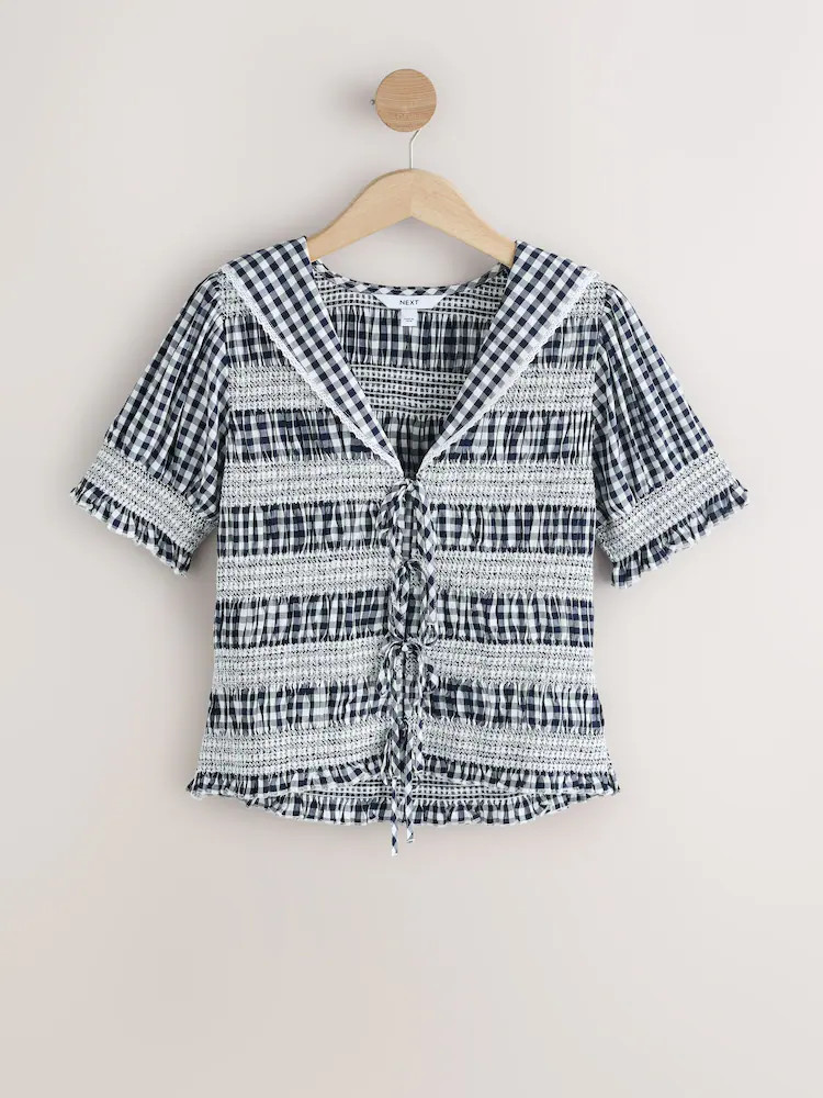 Navy Blue Gingham Sailor Collar Tie Front Top | Next EU
