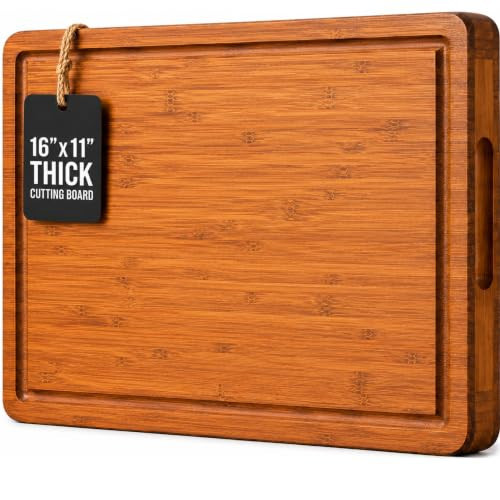 Wood Cutting Board for Kitchen - 1 Inch Thick Bamboo Wooden Chopping Board, Butcher Block Cutting Board with Juice Groove, Handles, Large Meat Cutting Board, Charcuterie Serving Board, 16 x 11 | Amazon (US)