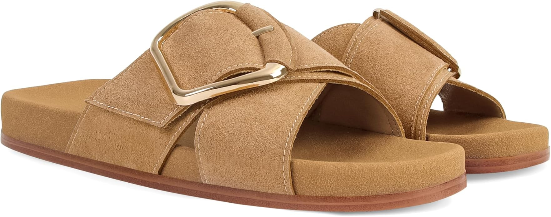 Flat Sandals for Women Comfortable Slide Sandals Summer Suede Leather Slides Vacation Beach Shoes | Amazon (US)