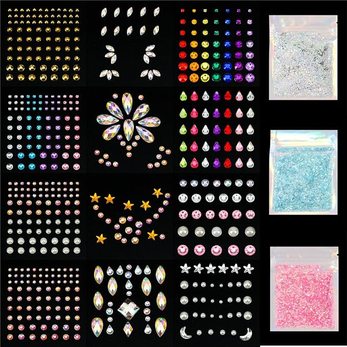 12 Sheets Face Jewels Rhinestones Crystal Stickers+15g Chunky And Fine Mix Glitter, Eye Face Body... | Amazon (US)