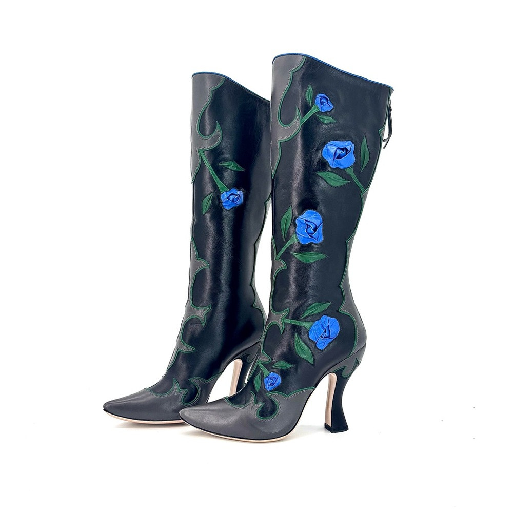NEW Miu Miu SS 2012 Runway Rose Applique Western Pointed Toe Knee High Boots 37 | Poshmark