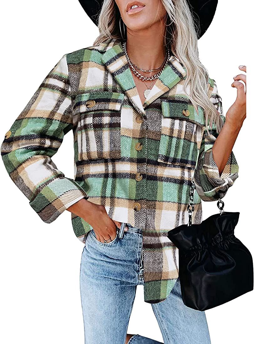 GRAPENT Womens Plaid Flannel Shacket Jacket Button Down Shirt Jackets Long Sleeve Coats | Amazon (US)