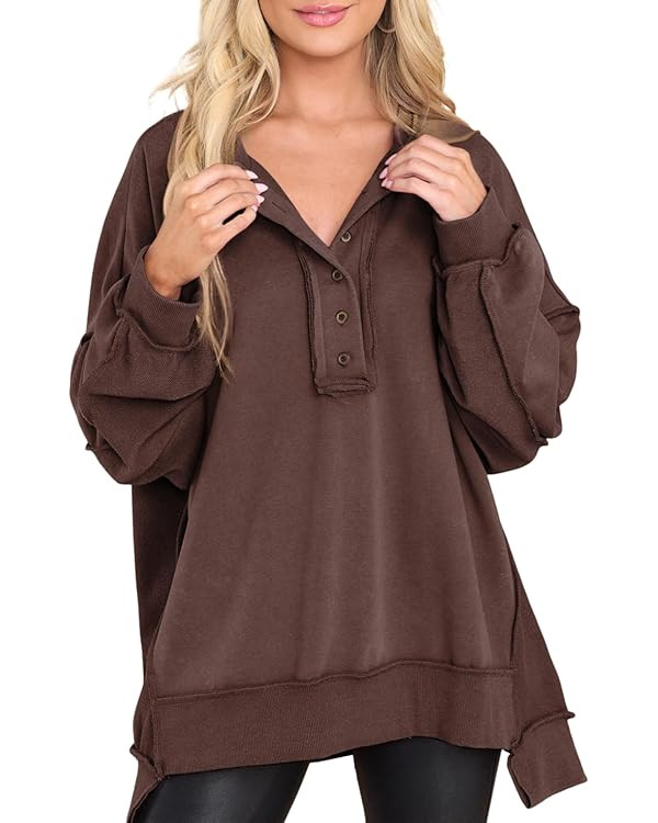 AlvaQ Women's Oversized Sweatshirt Casual Long Sleeve Button Henley Neck Pullover Tunic Tops Outf... | Amazon (US)