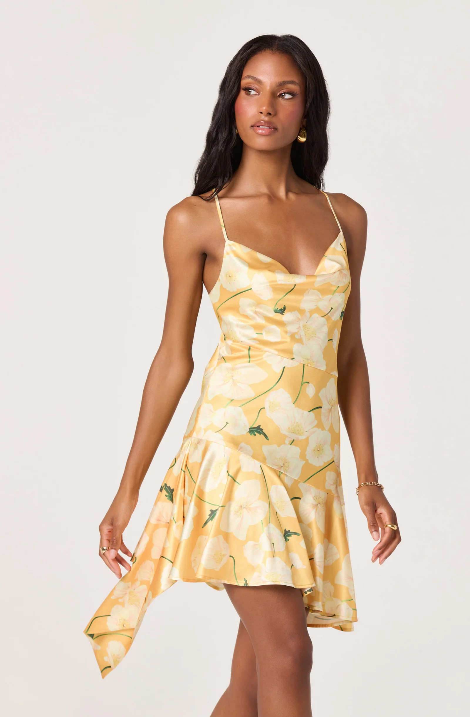 Paloma Cowl Neck Asymmetric Mini Dress - Tangerine floral / XS | ASTR The Label (US)