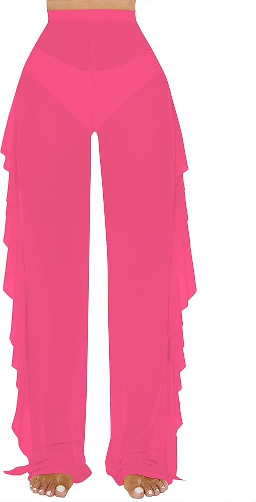 Jumppmile Women's Ruffle Sheer Mesh Swimwear Bikini Cover Up Pants See Through | Amazon (US)