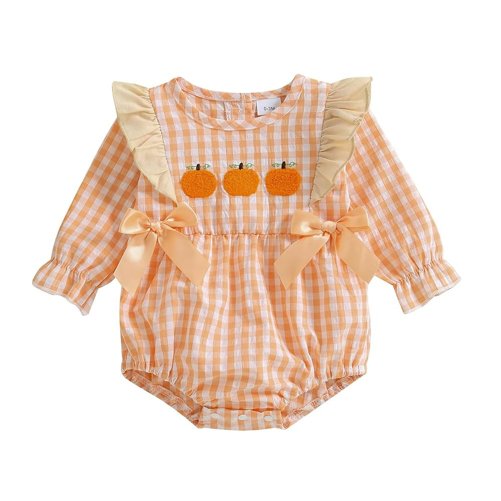 Honganda Baby Girl Plaid Romper Long Sleeve Pumpkin Turkey Ruffle Onesie with Bows Halloween Than... | Amazon (US)