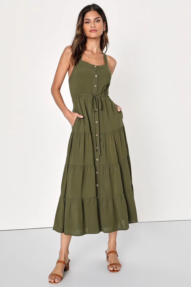See the City Olive Green Button-Front Tiered Midi Dress | Lulus (US)