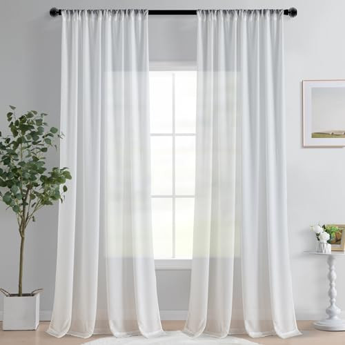 Hiasan White Semi Sheer Privacy Curtains for Living Room with Tiebacks, Light Filtering Non-See-Through Drapes Voile Rod Pocket Window Treatments Bedroom, W52 x L96, Set of 2 Panels | Amazon (US)
