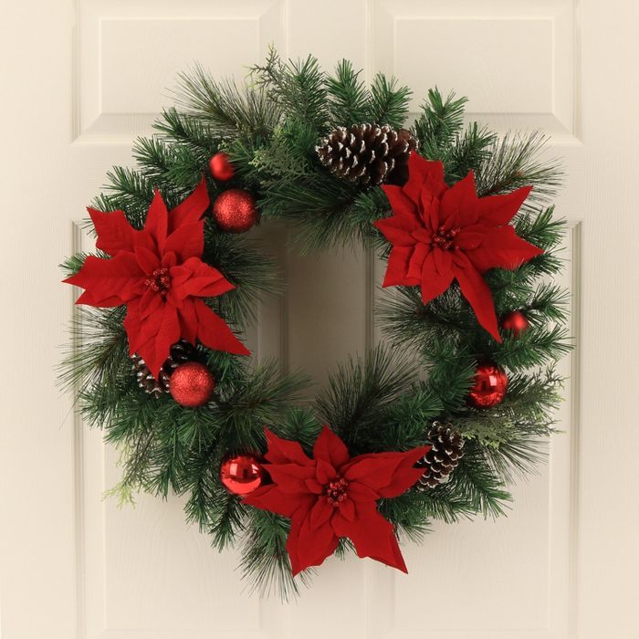 28in Christmas Red Poinsettia with Ornaments Artificial Pine Wreath - Wondershop&#8482; | Target