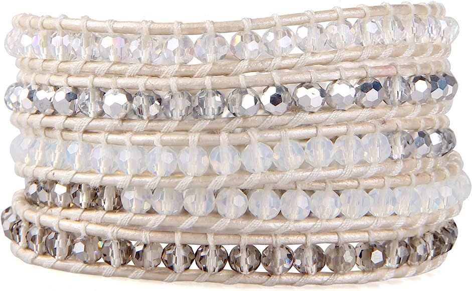 Crystal Gray Beaded 5 Wrap Bracelet On Lvory Leather Handmade Jewelry | Amazon (US)