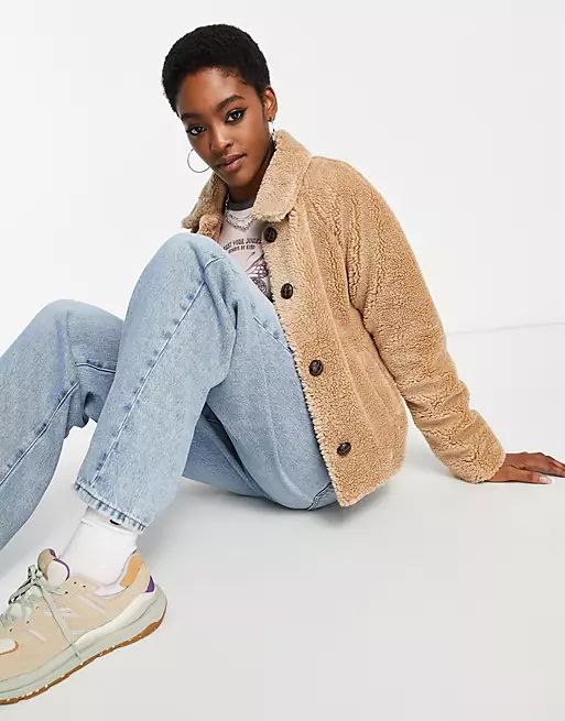 Only teddy cropped jacket in sand | ASOS (Global)