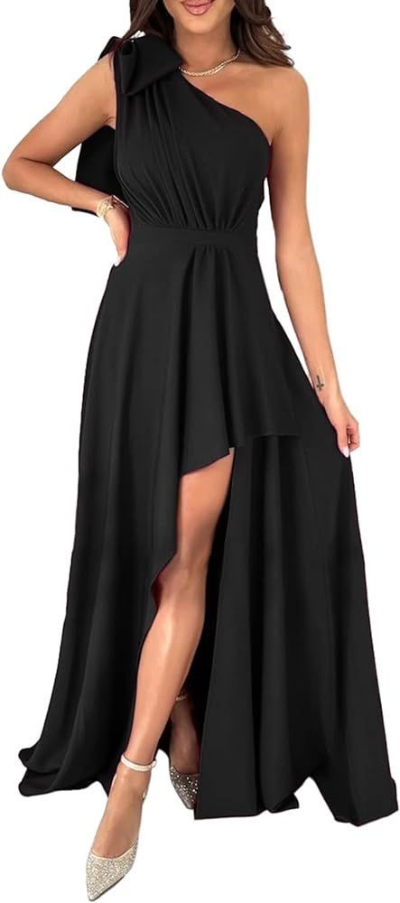 Women's One Shoulder Sleeveless Ruffle Asymmetrical Hem Backless Long Flowy Maxi Dresses | Amazon (US)