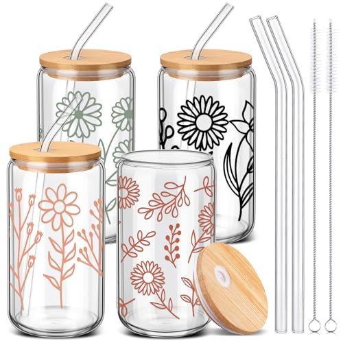 SiliFine 4 Pcs Floral Glass Cups with Lid and Straw Bridesmaid Gifts 16 oz Flowers Iced Coffee Cups Bridesmaid Proposal Gifts Wildflower Can Shaped Drinking Glasses for Women Wedding Bridal Party | Amazon (US)