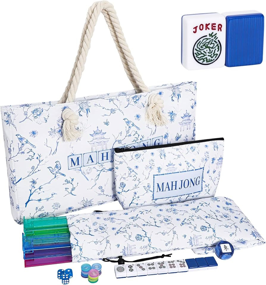 American Mahjong Tile Set, 166 Blue Tiles, Bag and Mahjong Accessories, 4 All-in-One Rack/Pushers... | Amazon (US)