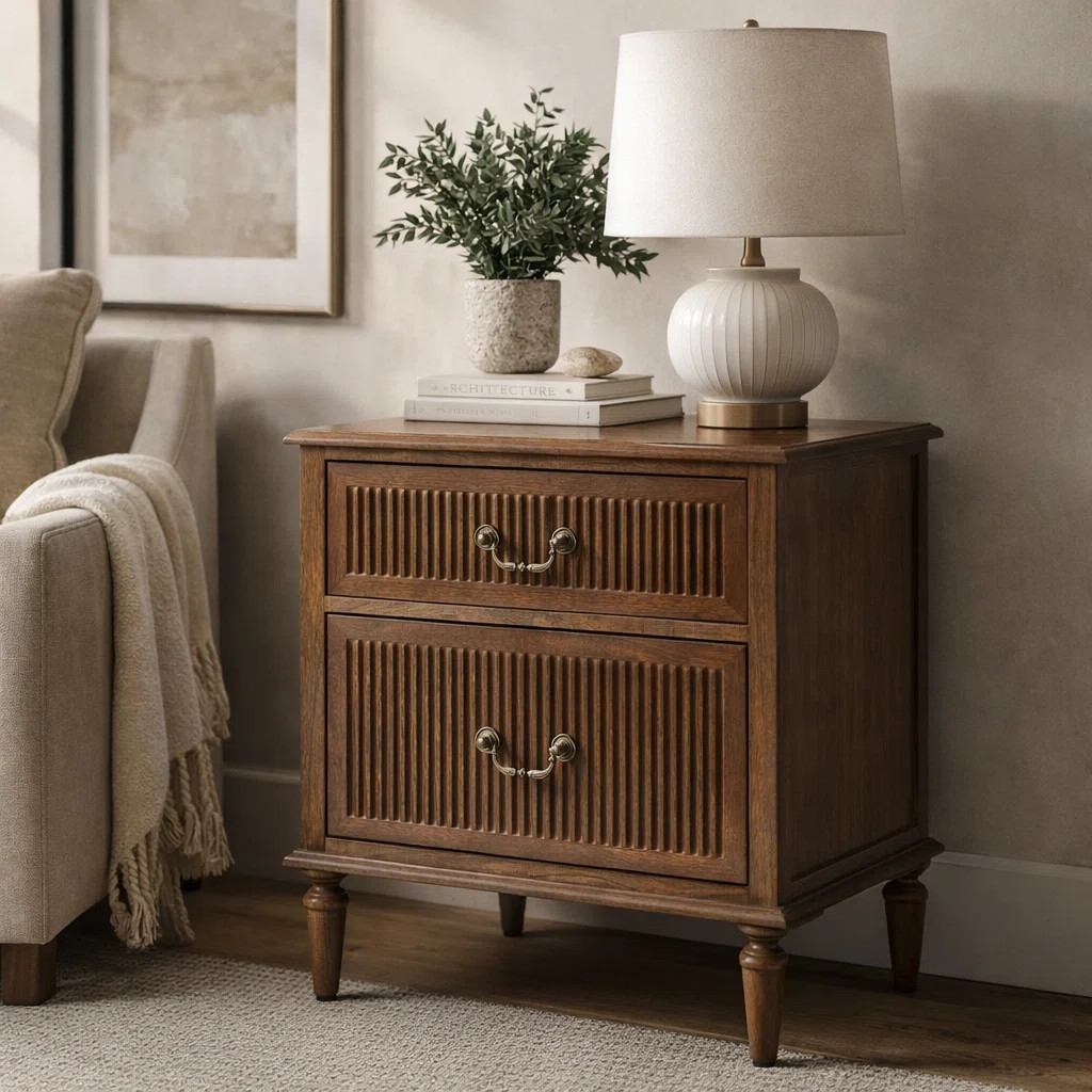 Kaybri Farmhouse Solid Wood Flute End Table with Built-In Outlet | Wayfair North America