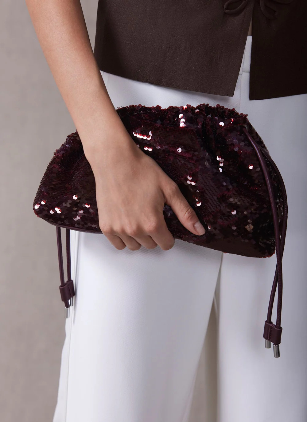 Raya Burgundy Sequin  Drawstring Bag | Mint Velvet