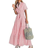 utcoco Womens Casual Short Sleeve Button Down Tie Waist Ruffled Striped Maxi Shirt Dress | Amazon (US)