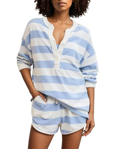 MISSACTIVER Women's 2 Piece Striped Lounge Sets Oversized Henley Shirts Drawstring Shorts Matching Tracksuit Set with Pockets | Amazon (US)