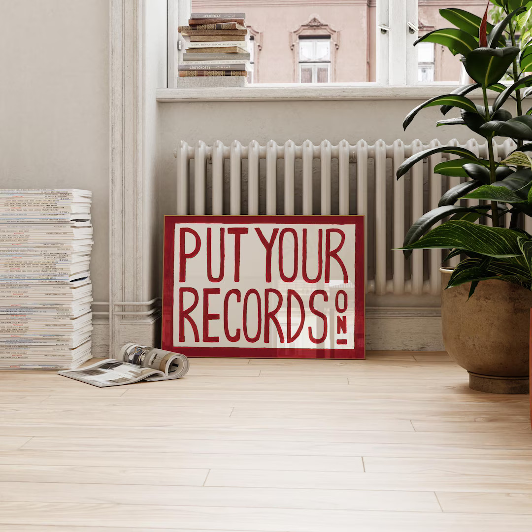 Retro Wall Art Print, Mid Century Modern Wall Art, Red Put Your Records Hand Painted Print, Music... | Etsy (US)