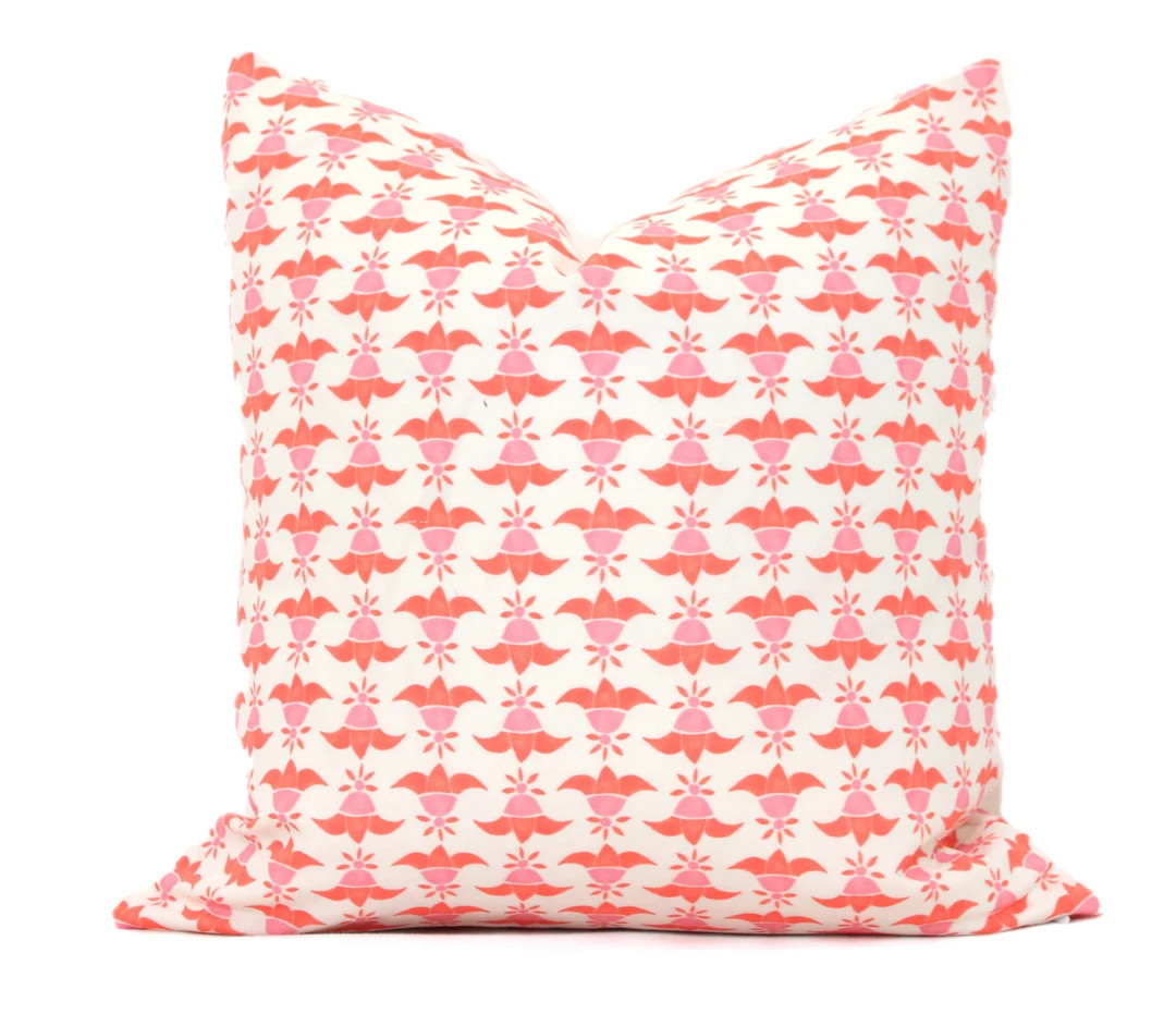 Coral and Pink Bellflower Pillow Cover: Cotton Linen Throw Pillow | Etsy (US)