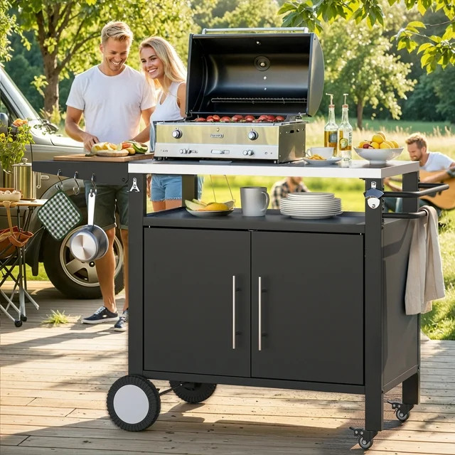 AECOJOY Outdoor Grill Cart with Storage Cabinet Buffet Prep Tables for Outside Steel BBQ Bar Cart... | Walmart (US)