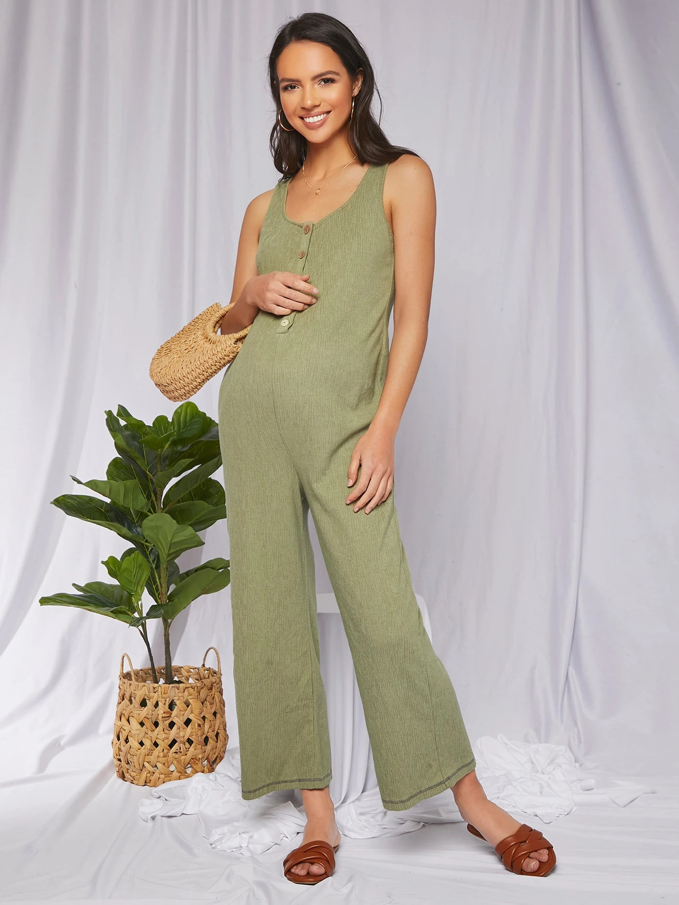 SHEIN Maternity Button Front Solid Jumpsuit | SHEIN