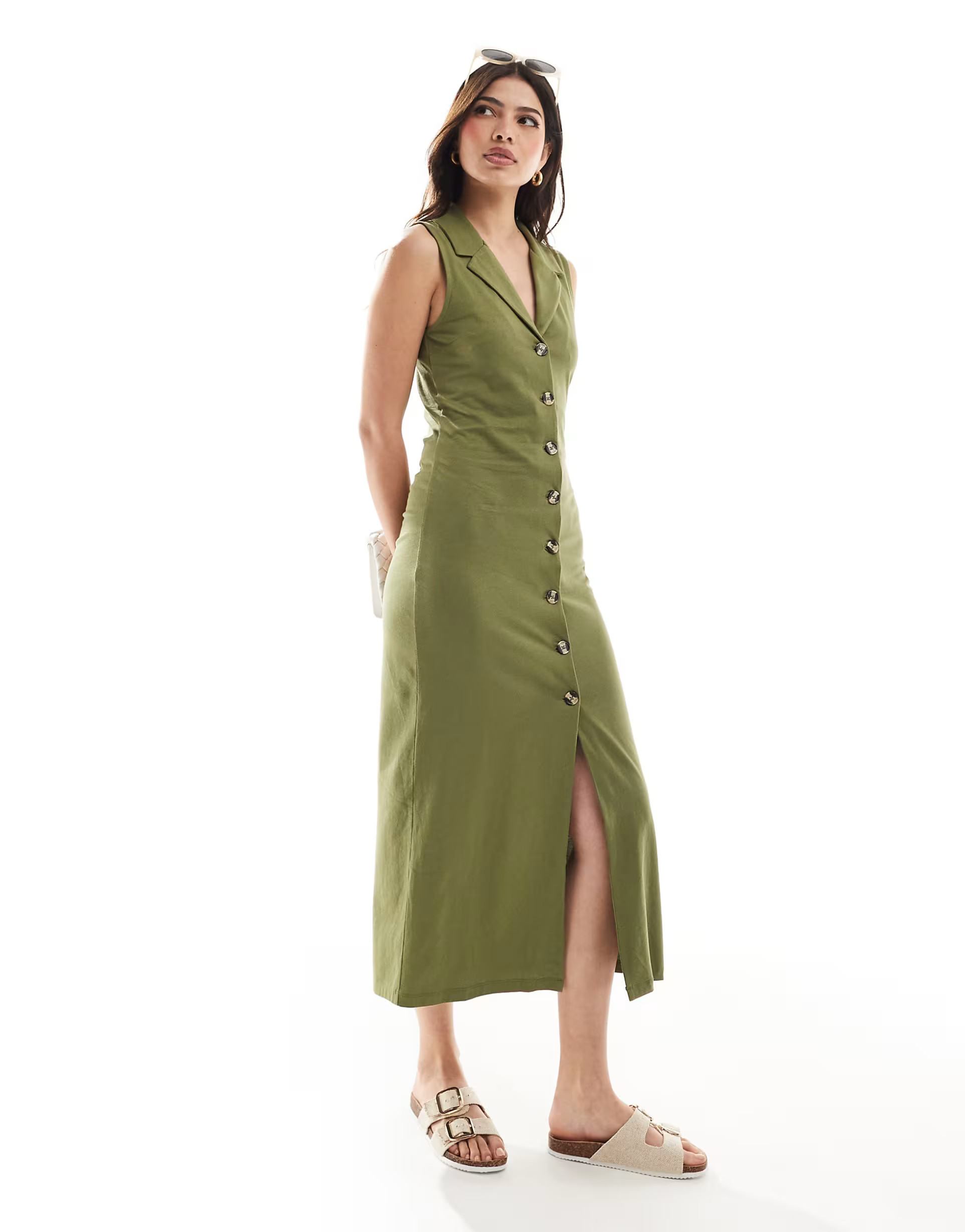 ASOS DESIGN collared midaxi vest dress with button front in khaki | ASOS (Global)