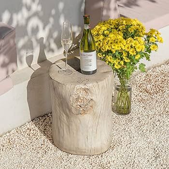 COSIEST Outdoor Antique Beige Side Table Faux Wood, Hand-Painted Wood Stump Stool, Ottomans, Plan... | Amazon (US)