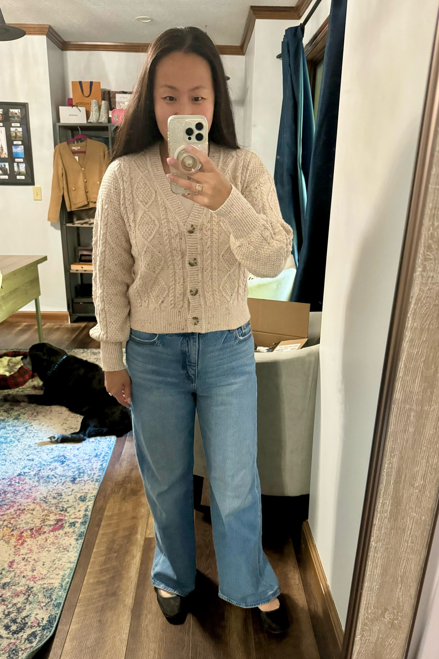 Super cute flecked cable knit cardigan from Loft (TTS) paired with trendy wide leg denim (size down if in between). #loft #petite

#LTKStyleTip #LTKSaleAlert