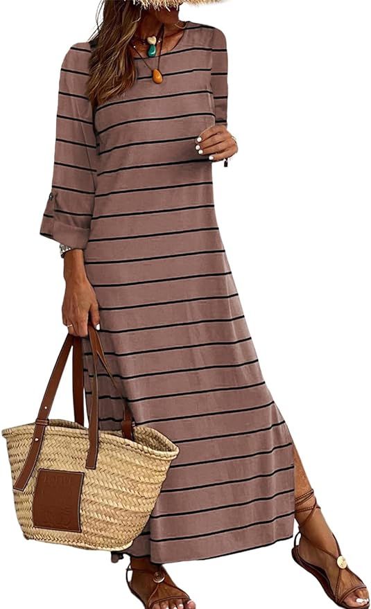 BLENCOT Womens Fall Rolled Up Sleeve Striped Blouse Long Dress Casual Beach Maxi T-Shirt Dresses | Amazon (US)