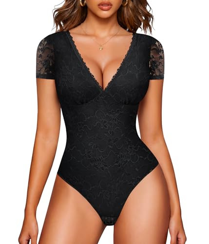 LODAY Lace Bodysuit Short Sleeve Bodysuit for Women Deep V Neck Body Suits Double Lined Bodysuit ... | Amazon (US)