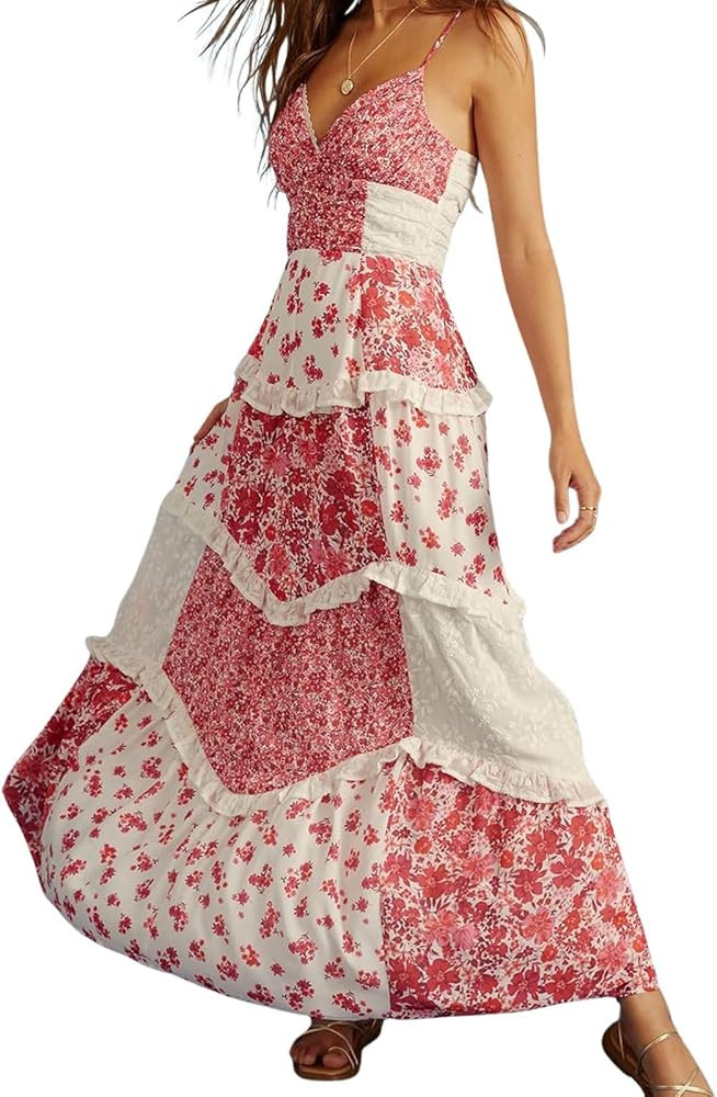 ebossy Womens Lace Patchwork Floral Maxi Dress Spaghetti Strap Sexy Backless Ruffle Tiered Boho B... | Amazon (US)