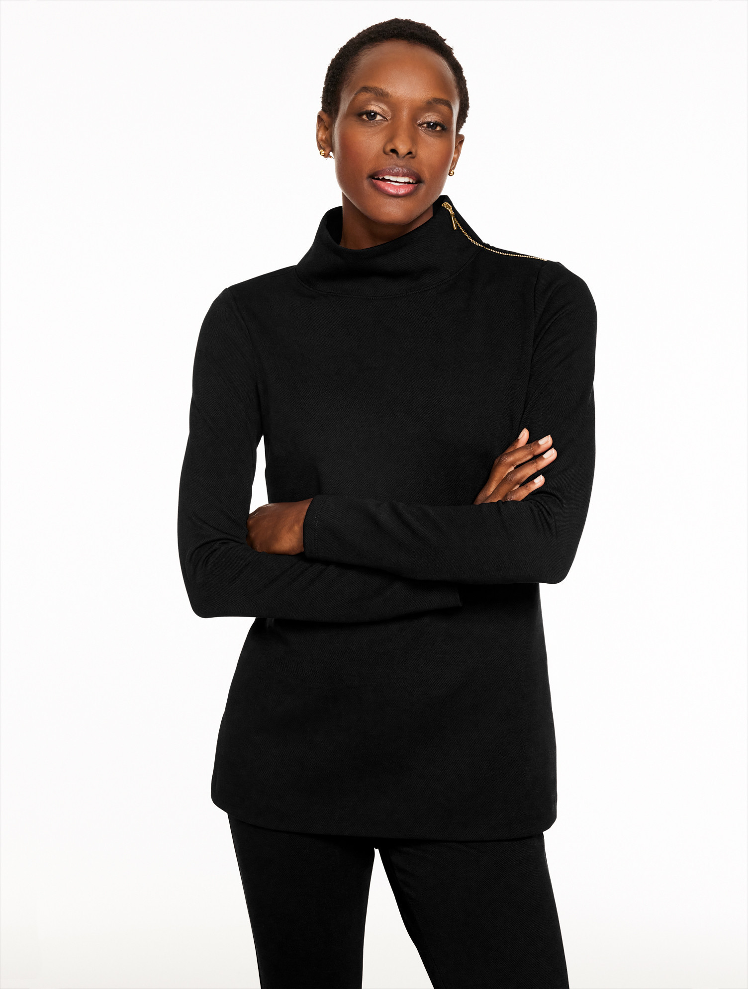 Passport Ponte Zip Shoulder Tunic Pullover Sweater - Black - XS Talbots | Talbots