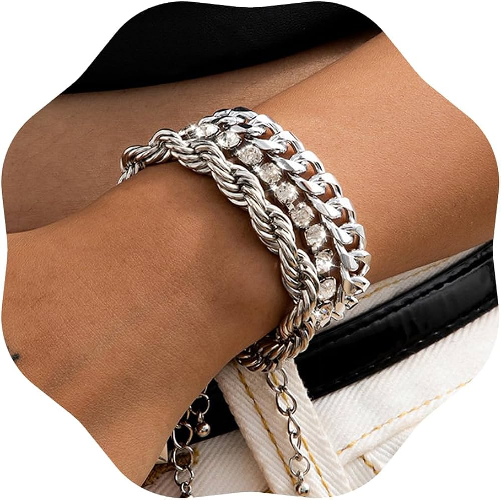 Octwine Fashion Rhinestones Bracelets Sets for Women Gold Silver Layered Chunky Pendant Charms Ch... | Amazon (US)