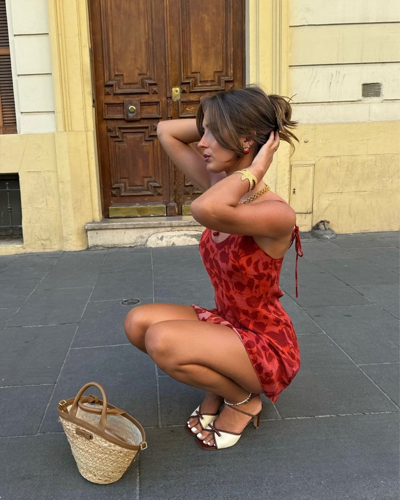 Realisation par dress, red mini dress, reformation heeled sandals, raffia bag, summer evening outfits, holiday outfit, vacation, floral dress, simple outfit, occasion, date night

#LTKeurope #LTKsummer #LTKuk
