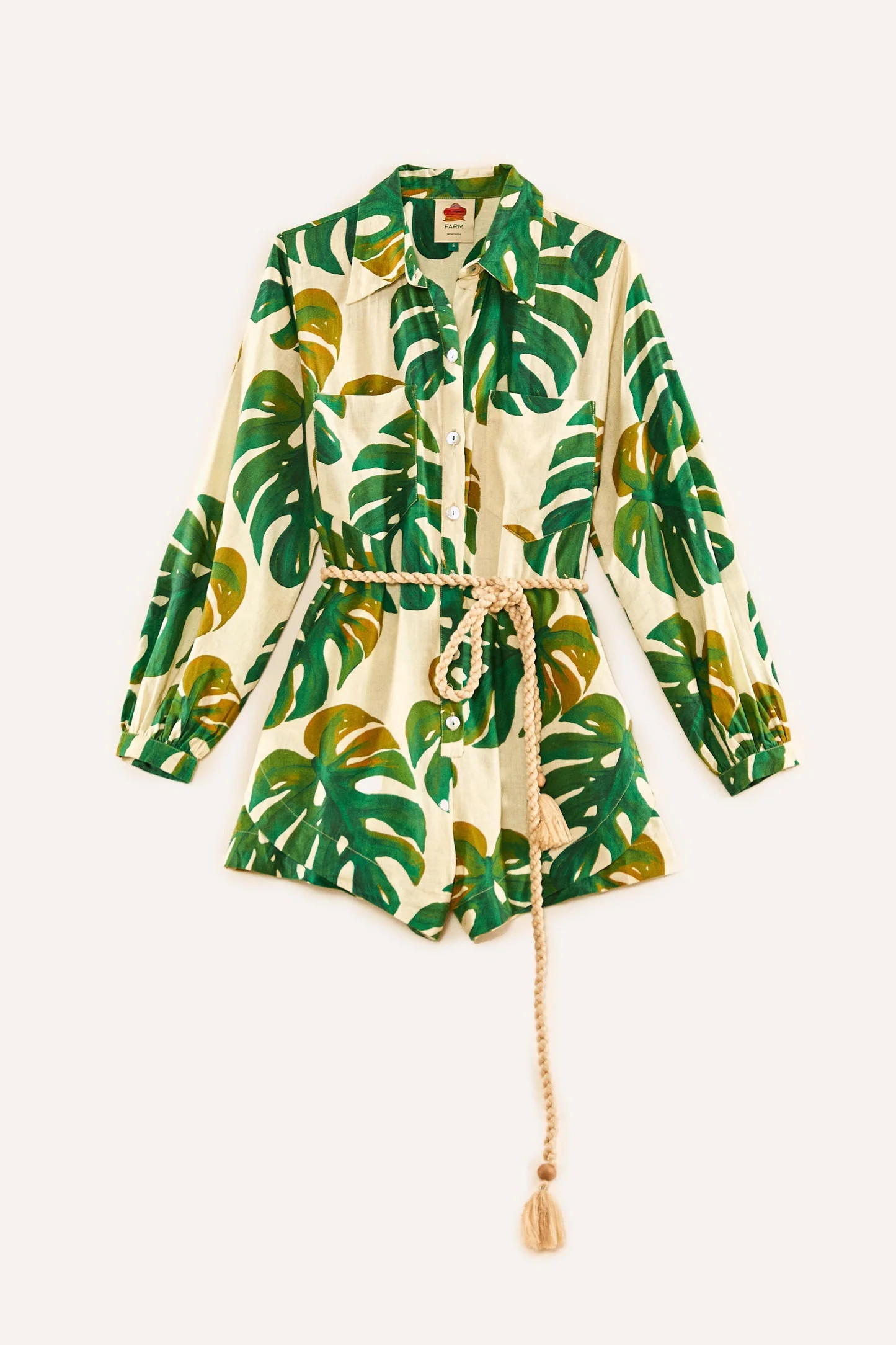 White Romper | Monstera Print | Long Sleeves | FarmRio (US)