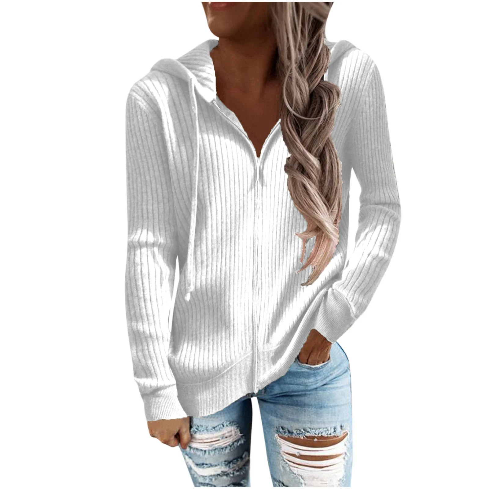 JWZUY Woman Sweaters Hoodie Winter Zip Up Long-Sleeved Knitted Hooded Cardigan Sweater Drawstring... | Walmart (US)