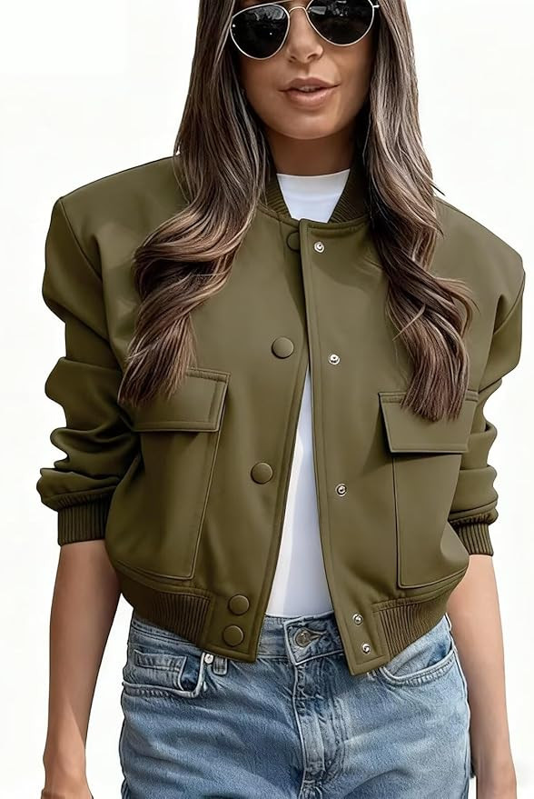 imbpceu Women Bomber Jacket Casual Long Sleeve Button Down Varsity Jackets with Pockets | Amazon (US)