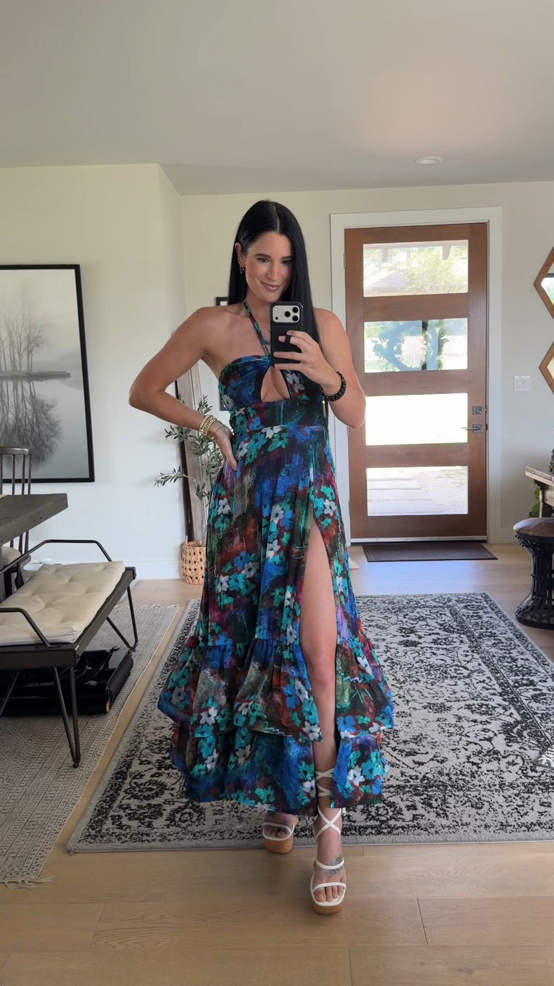 This maxi dress from @AKIRA  is so fabulous!! I’m wearing a size small. And these lace up platform shoes are so fun! And shockingly comfortable!